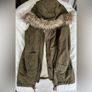 Abercrombie & Fitch Olive Green Hooded Parka with Faux Fur Trim